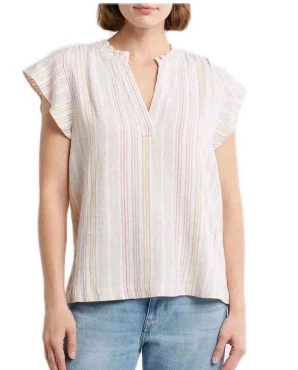 Sanctuary Split Neck Top Blouse Small Linen Blend Cream Tan Stripe Ruffle Sleeve